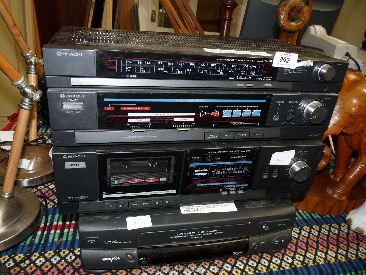 Two Hitachi amplifiers and a Goodmans VHS player.