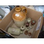 A box containing salt glaze cider pot and old pot ink wells plus various pots etc.