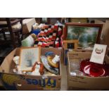 Four boxes, the contents to include clocks, picture frames, rugs, coloured glass, figures, etc.