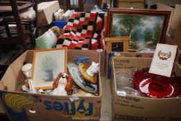 Four boxes, the contents to include clocks, picture frames, rugs, coloured glass, figures, etc.