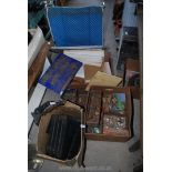 A box of fittings, scalextric track, wood samples, camp bed, etc.