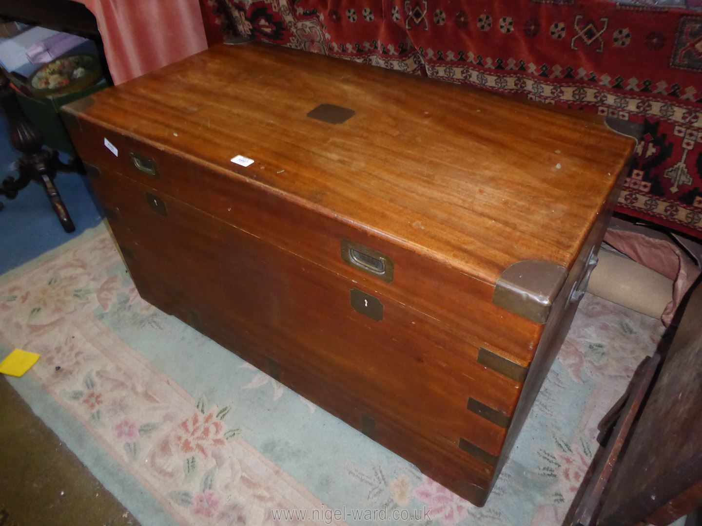A large brass cornered Camphorwood Chest of excellent quality having drop carrying handles to each