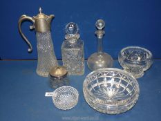 A quantity of glass including small Stuart crystal bowl, heavy bowls, plated claret jug,