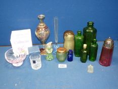 A small quantity of glass bottles, Wedgwood owl paperweight, Caithness bowl, etc.