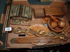 A box of various treen including boxes, carved fruit etc.