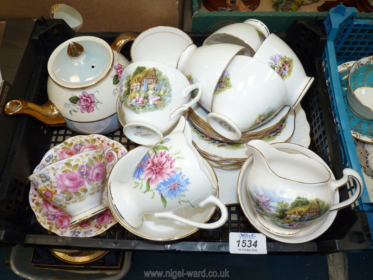 A small quantity of china including a part Royal Vale tea set with cottage scene (no tea pot,