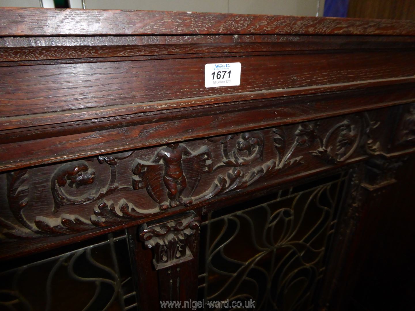 A most unusual Oak Cabinet on stand having a pair of opposing intricately coloured leaded glazed - Image 5 of 5