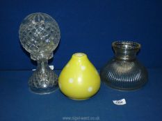 A glass lamp shade (6" tall), a yellow dot lamp shade (6" tall),