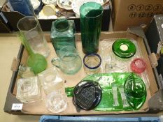 A quantity of coloured glass including; dressing table tray, vases (some a/f), pots,