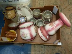 A quantity of china including Denby mugs and saucers in mottled grey, Doulton plates, pottery mug,
