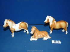 Three Beswick ponies: two Shetland ponies plus another (one boxed.