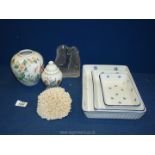 A small quantity of china including Portuguese vase, lidded dish, trio of graduated serving dishes,