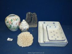 A small quantity of china including Portuguese vase, lidded dish, trio of graduated serving dishes,