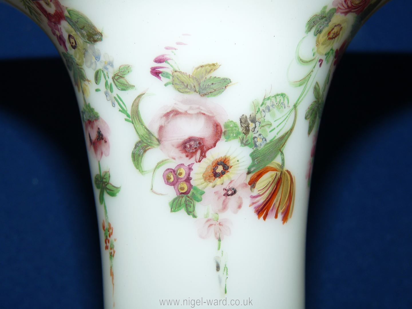 A garniture of three Victorian opaque glass Vases with hand painted flowers, - Image 7 of 17