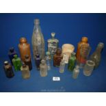 A quantity of old bottles, some medicinal including Johnsons G10 - Coat, Horlicks mixer, Shippams,