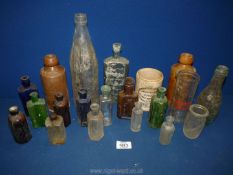 A quantity of old bottles, some medicinal including Johnsons G10 - Coat, Horlicks mixer, Shippams,