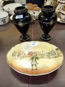A Royal Doulton Dickens series ware bowl together with a pair of black glass Victorian hand painted