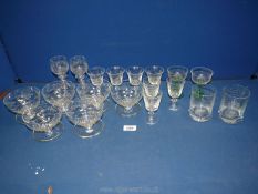A quantity of etched and cut glass including six sundae dishes with floral design,