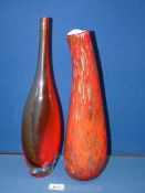Two Murano style vases in red and orange, 16'' and 15'' tall.