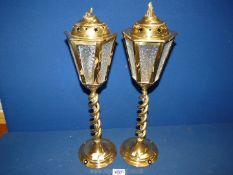 A pair of early 20th Century barley twist brass church electric Lights, some loose glass panels,