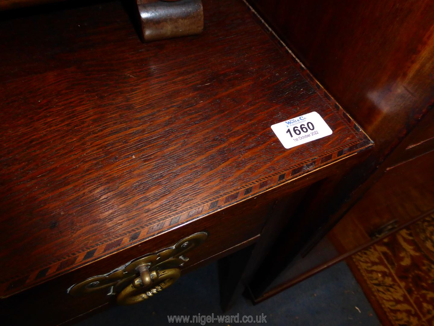 A circa 1900 Oak side Table having light and darkwood beading to the top, - Image 2 of 2