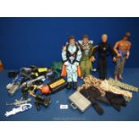 Four Action Men figures with all accessories, guns, briefcases, skies, boots, helmets and clothes.