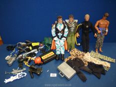 Four Action Men figures with all accessories, guns, briefcases, skies, boots, helmets and clothes.