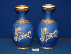 A pair of blue ground Vases with chariot design, marked in red to base, No.