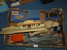 A Hornby Duplo metal platform, track, signal box, boxed level crossing, OO controller, etc.