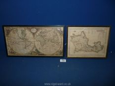 A framed Map of 'The World according to the latest Discoveries' (15 1/2" x 8 1/2") and a small map