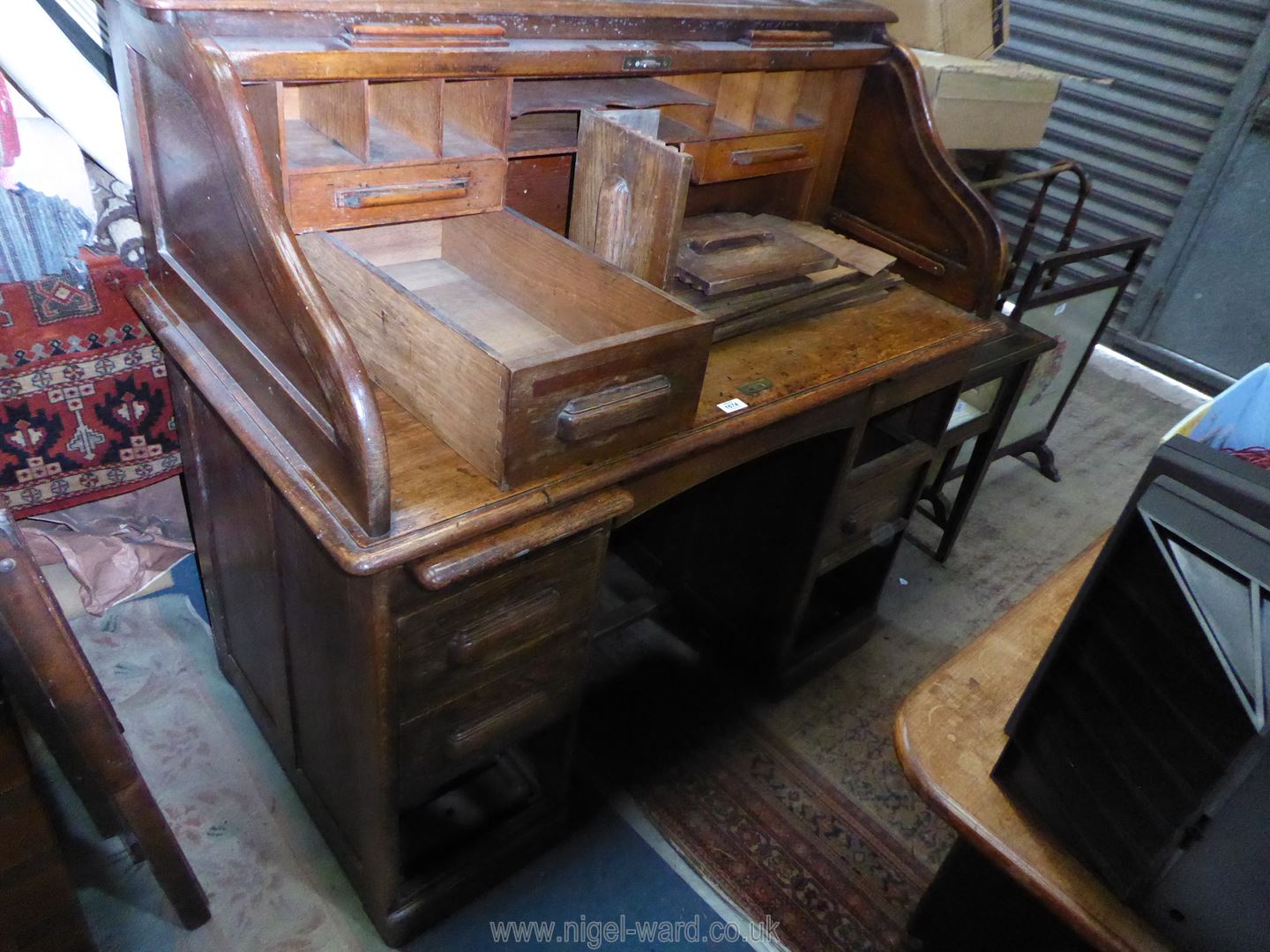 A mid Oak double pedestal scroll roll top Desk, - Image 2 of 4