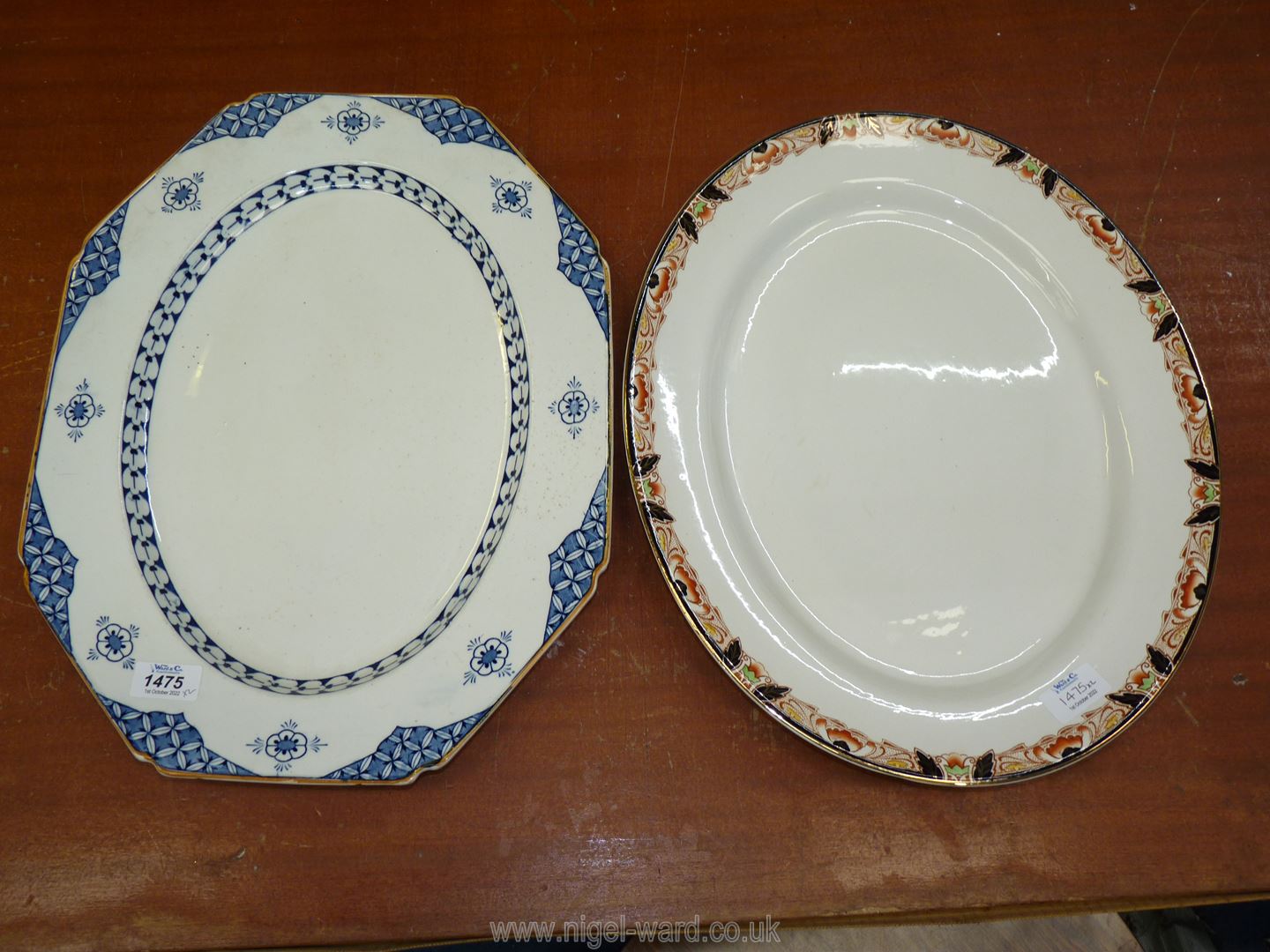 Two large meat plates, one Burslem Bristol and one blue and white 'Blue Bombay' Wood & Sons.