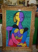 A green ground 'Picasso' design Silk Scarf, 32'' x 32'', framed.