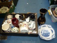 A box of assorted china including Portmeirion Christmas jug and plates(Christmas Village & The