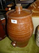 A Victorian salt glaze ceramic Flask with hole for tap, 15" tall, (chip to base).