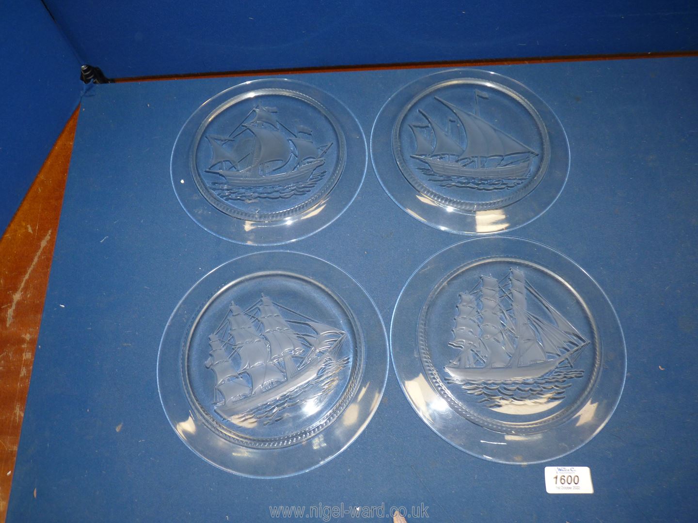 Six Lalique glass ship Plates, four being signed, - Image 2 of 3