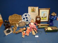 A quantity of miscellanea to include vintage puppet, two telescopes, clocks, oil lamps, etc.