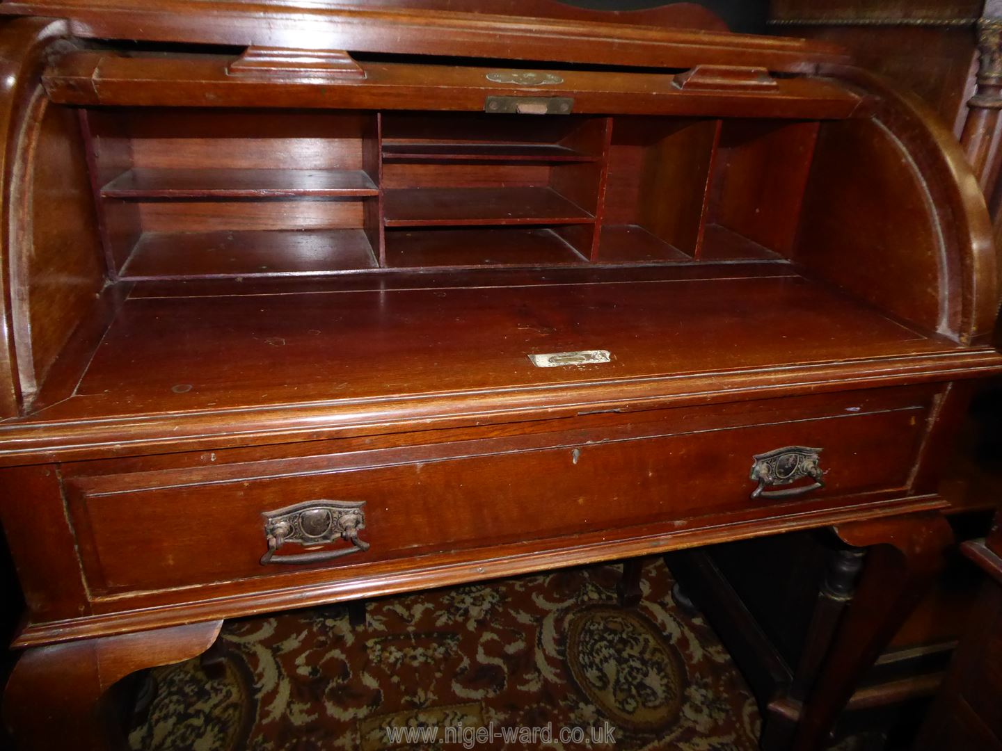 An early 20th century Satinwood cylinder topped Bureau, the interior with seven pigeon holes, - Image 3 of 3