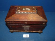 A sarcophagus Tea Caddy, decorated with mother of pearl detail depicting flowers and birds,