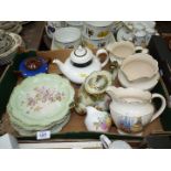 Two teapots; one being Royal Doulton, plus several antique plates, three Falconware graduated jugs,