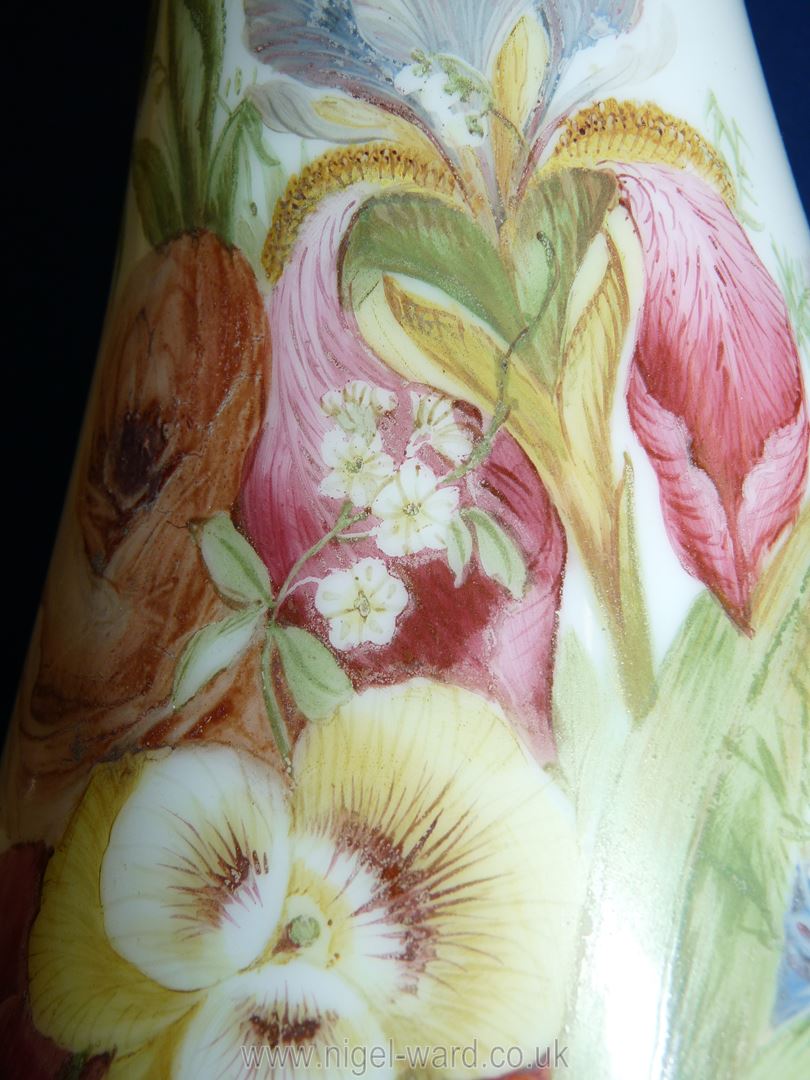 A garniture of three Victorian opaque glass Vases with hand painted flowers, - Image 9 of 17