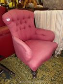 A circa 1900 button back low Armchair having turned front legs and upholstered in dusky dark pink