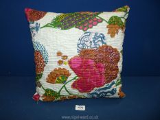 An Indian embroidered Bengali floral/bird decorated Cushion, 15'' x 15'.