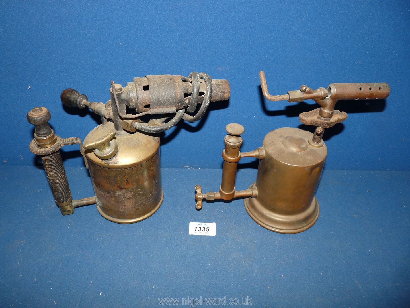 Two old Brass Blow lamps, one having a card-wrapped handle, the other "Hot Blast-Whie Mfg Co, - Image 3 of 3