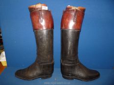 A pair of circa 1950's two tone Brown & Black leather Hunting Boots made by John Lobb with trees,