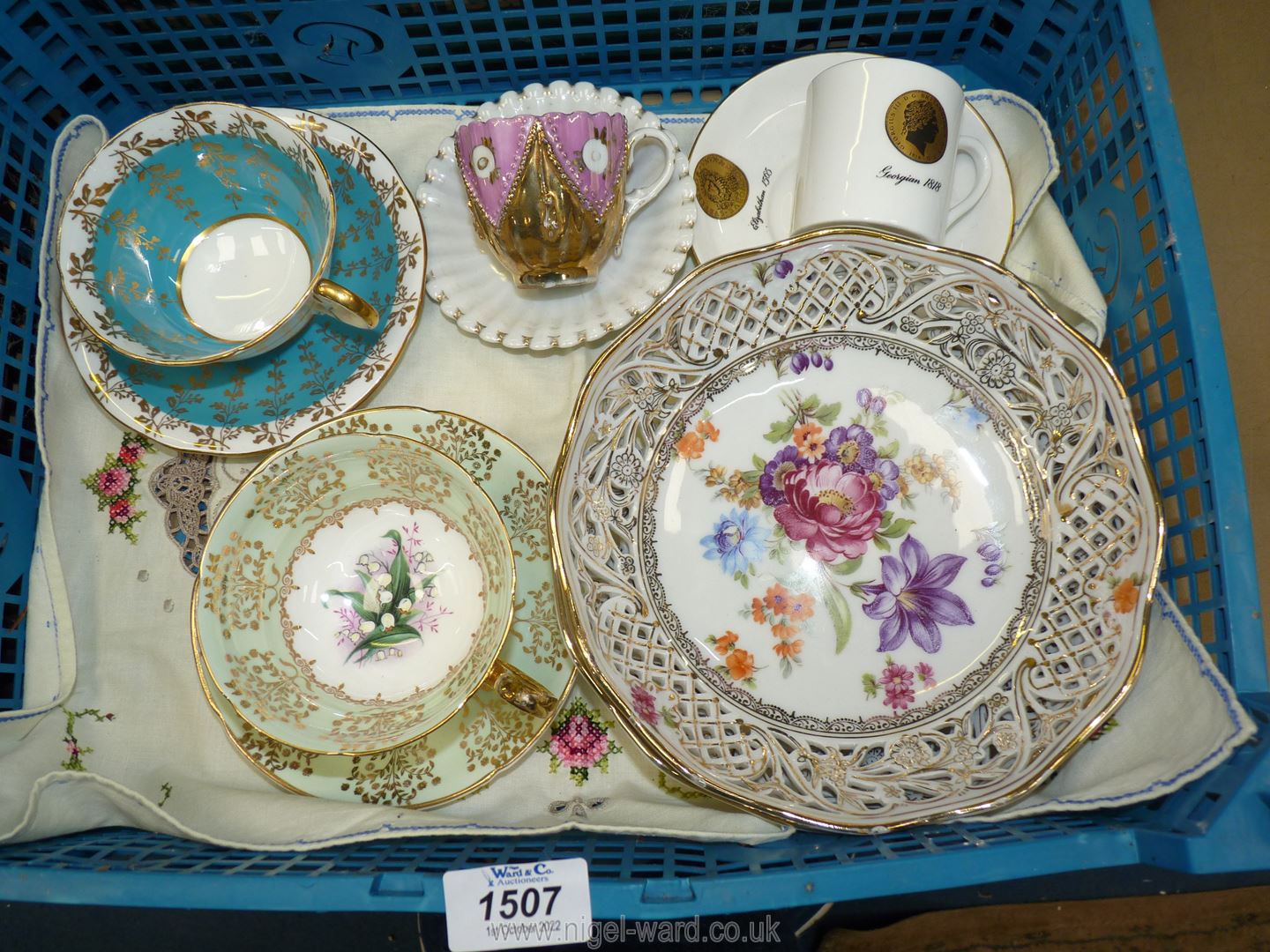 Two bone china dishes with lace work design, plus four vintage cups & saucers.