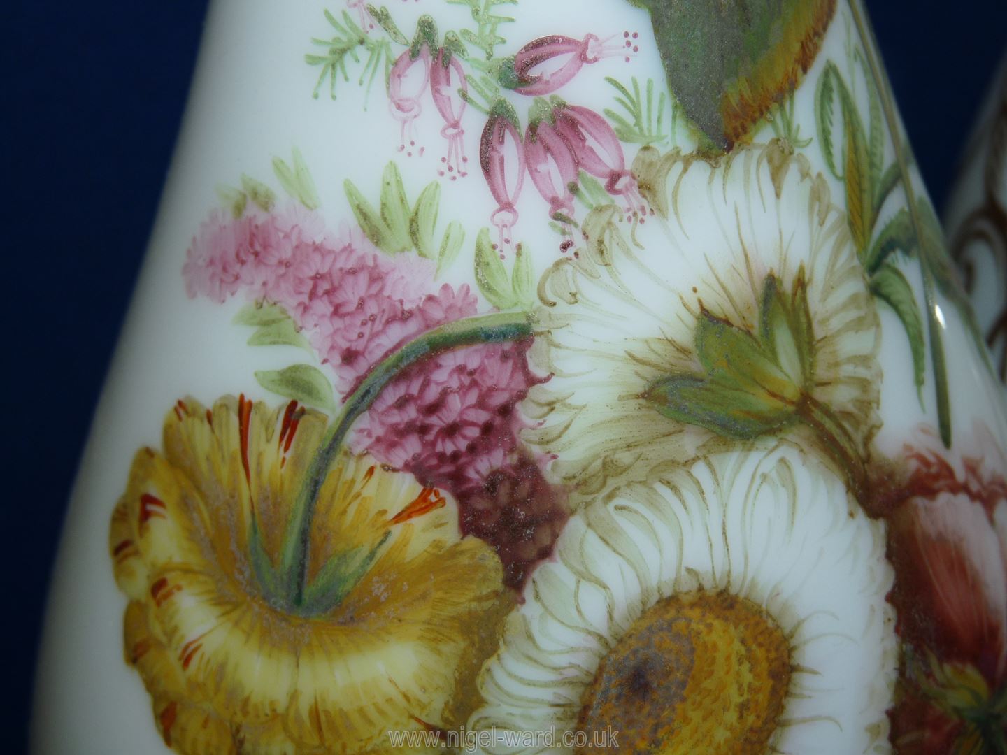 A garniture of three Victorian opaque glass Vases with hand painted flowers, - Image 6 of 17