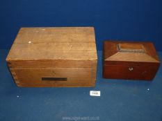 A small Pine Candle Box, 12" x 8" x 6", plus a sarcophagus shape Mahogany tea Caddy, 8" x 5" x 5".