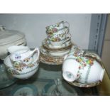 A part 'Diamond china' part tea set with green leaf, rose,