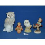 Two Goebel figures 'Lets sing' and one other plus an Aynsley baby owl and Nao Owl, 7'' tall.